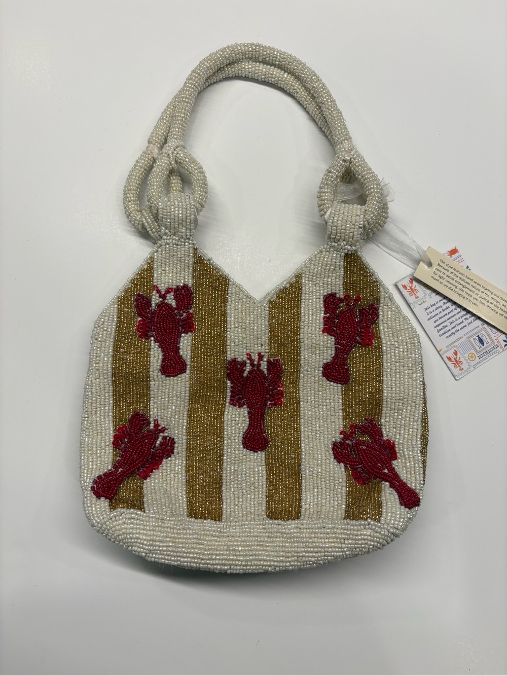 Hand-Beaded Beachy Lobster Stripe Purse in White, Gold & Red Brand New